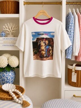 Wrangler Barbie White Graphic Tee with Pink Crew Neck